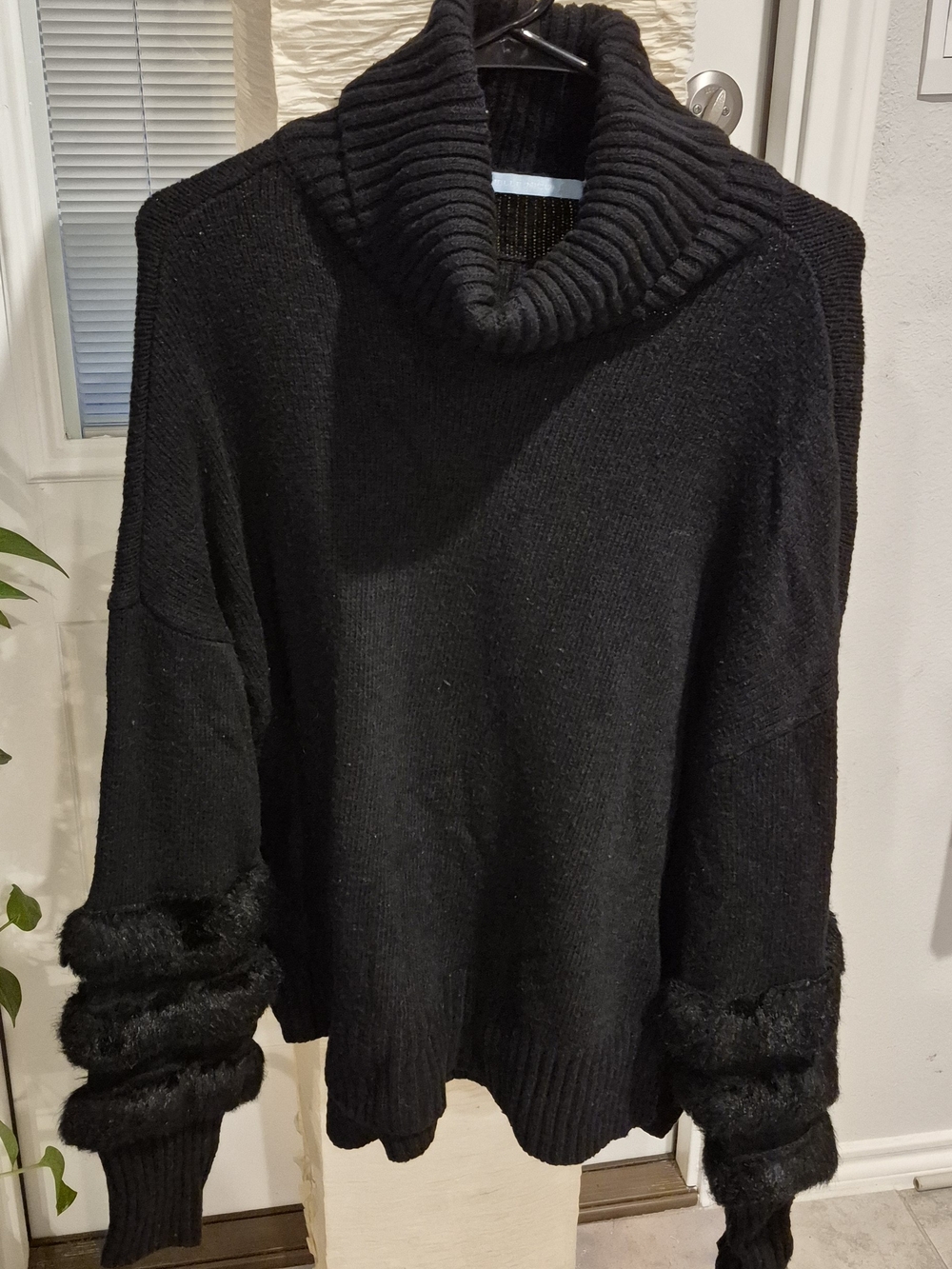 Michelle Nicole Black Cowl Neck Sweater with Faux-Fur Cuffs